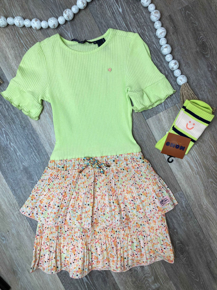 NON Combo Dress Lime Ribbed With Floral Skirt